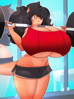 anthro athletic_wear big_breasts bodily_fluids bottomwear bra breasts clothing exercise female fluffy fluffy_hair gym hair huge_breasts hyper hyper_breasts long_tail shorts solo sports_bra sweat tail under_boob underwear weightlifting wide_eyed window workout shoolmail delilah_(jund_wabbit) macropod mammal marsupial 3:4 hi_res