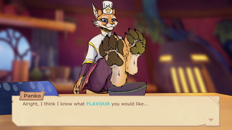 anthro appliance blue_eyes blurred_background bottomwear bowl cheek_tuft chef chef_hat chef_uniform claws clothing container crossed_legs dialogue dialogue_box dipstick_ears ear_markings ellipsis facial_markings facial_tuft feet foot_fetish foot_focus furniture gold_trim hat head_markings headgear headwear inner_ear_fluff inside kitchen kitchen_appliance male markings mouth_closed multicolored_body multicolored_ears oven pants pawpads pointy_ears popped_collar prick_ears purple_clothing shelf sitting sitting_on_stool solo stool table text text_box toe_claws tuft white_clothing window justanotherjackal beastro panko_(beastro) caracal caracal_(genus) felid feline mammal 2026 english_text hi_res