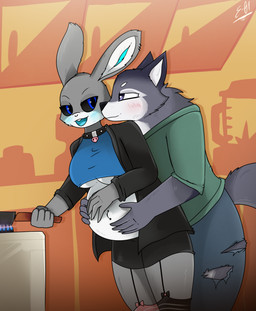 anthro belly big_belly big_breasts blue_eyes blush breasts buckteeth clothed clothing collar cooking duo female food fur hair kitchen_utensils looking_back male navel navel_piercing piercing pregnant pregnant_anthro pregnant_female ring_piercing simple_background smile tail teeth tools e-01 drace_the_rabbit canid canine canis lagomorph leporid mammal rabbit wolf digital_media_(artwork) hi_res