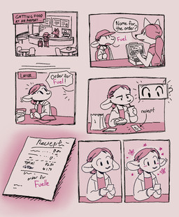 ambiguous_gender anthro biped blush blush_lines burger cellphone chair clothed clothing container cup dialogue disposable_cup drinking drinking_straw duo electronics fast_food food furniture hat headgear headwear hoodie luggage phone receipt restaurant shirt sitting smartphone smile speech_bubble text topwear fuel_(artist) chico_(fuel) canid canine fox mammal 2025 comic english_text halftone hi_res pink_theme screentone