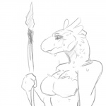 1:1 anthro bare_shoulders black_and_white bodily_fluids breasts cleavage clothed clothing digital_drawing_(artwork) digital_media_(artwork) female half-length_portrait lihzahrd lizard monochrome non-mammal_breasts portrait reptile scalie solo sweat terraria unknown_artist