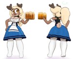 alcohol anthro antlers barmaid beer beverage big_breasts blonde_hair blue_clothing blue_dress breasts cleavage clothed clothing curvy_figure dress female hair happy horn neckwear simple_background smile solo tall text wide_hips guak nora_ashford deer mammal moose new_world_deer hi_res model_sheet