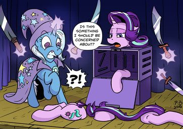 box container duo female feral horn magic melee_weapon scared stage sword trick weapon pony-berserker friendship_is_magic hasbro my_little_pony mythology starlight_glimmer_(mlp) trixie_(mlp) equid equine mammal mythological_creature mythological_equine unicorn 2019 hi_res