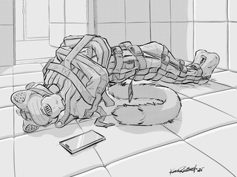 anthro asylum bdsm blindfold bondage bound cellphone door electronics full_body_straitjacket inside male on_ground open_door padded_room phone restraints sensory_deprivation_hood smartphone solo straitjacket tail kemira felid feline mammal 2025 black_and_white digital_drawing_(artwork) digital_media_(artwork) hi_res monochrome signature sketch