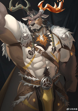 anthro antler_ring antlers areola barazoku beard biceps black_gair blue_eyes body_hair breechcloth brown_areola brown_body brown_cape brown_clothing brown_fur brown_nipples cape chest_tuft clothing eye_scar facial_hair facial_scar fur hair happy_trail harness heterochromia horn male multicolored_hair muscular muscular_anthro muscular_male nipple_piercing nipple_ring nipples obliques orange_antlers orange_eyes orange_hair piercing ring_piercing scar tuft warrior weibo_logo white_body white_fur white_hair fdj weibo deer mammal new_world_deer reindeer 2025 absurd_res hi_res