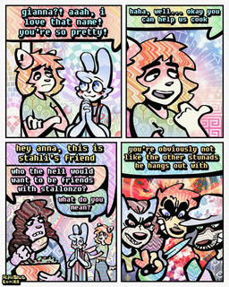 4_panel_comic aloha_shirt anthro blonde_hair blue_body blue_fur bottomwear bow_tie brown_hair cheek_spots cheek_tuft clothing crop_top denim denim_bottomwear denim_clothing dialogue facial_tuft female flat_cap floppy_ears food fur grey_body grey_fur group hair half-closed_eyes hat headgear headwear jeans knife male narrowed_eyes open_mouth open_smile overalls pants pattern_clothing pattern_shirt pattern_topwear purple_body purple_fur salad scarf sharp_teeth shirt smile smirk smug smug_face smug_grin speech_bubble teeth text topwear tuft white_body white_fur wide_eyed yellow_body yellow_fur rawdawgcomics bingus_(rawdawgcomics) stahli_(rawdawgcomics) bird_dog canid canine canis domestic_cat domestic_dog felid feline felis golden_retriever hunting_dog lagomorph leporid mammal rabbit retriever 4:5 comic english_text hi_res translation_request