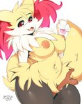 anthro areola big_areola big_breasts blush braixen breasts canid female fluffbug fluffy fur generation_6_pokemon happy hi_res mammal navel navel_piercing nintendo nipples pawpads paws piercing pokemon pokemon_(species) solo stick thick_thighs