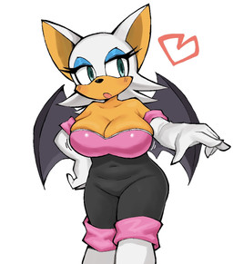 anthro armwear big_breasts breasts cleavage clothed clothing elbow_gloves eyeshadow female fur gloves handwear heart_symbol lipstick makeup navel orange_body solo white_body white_fur wings ou088 sega sonic_the_hedgehog_(series) rouge_the_bat bat mammal