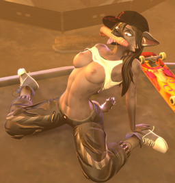 anthro athletic athletic_female balls baseball_cap black_baseball_cap black_bottomwear black_clothing black_hair black_markings black_nose black_pants bodily_fluids bottomwear breasts cheek_tuft clothed clothing disembodied_penis duo ear_piercing eyebrows facial_markings facial_tuft female footwear genitals grey_body hair hat head_markings headgear headwear humanoid_genitalia humanoid_penis kneeling kneeling_oral_position licking long_hair male markings muzzle_(marking) navel nipples on_ground oral pants partially_clothed penile penis penis_lick piercing raised_clothing raised_shirt raised_tank_top raised_topwear saliva saliva_on_penis sex shirt shoes short_tail sideways_baseball_cap skateboard sneakers snout snout_markings solo_focus tail tank_top tongue tongue_out topwear tuft vehicle white_clothing white_shirt white_tank_top white_topwear kespr annoad_(modeler) mia_(annoad) hyena mammal spotted_hyena 2022 3d_(artwork) digital_media_(artwork) hi_res