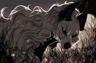 ambiguous_fluids black_fluid black_inner_ear black_nose black_sclera bone cheek_tuft collar facial_tuft fangs feral fluffy fur grass looking_at_viewer male outside plant smile solo spiked_collar spikes teeth tuft white_body white_fur shyryp ktyr_(shyryp) canid canine canis mammal wolf absurd_res digital_media_(artwork) hi_res monochrome
