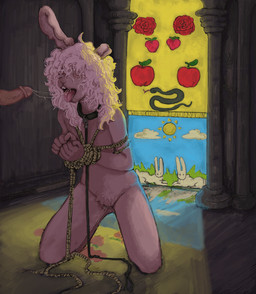 andromorph bdsm bodily_fluids bondage bound collar column cum cum_string duo erection genital_fluids genitals hair intersex kneeling leash long_hair male nude open_mouth penis pink_hair pubes restraints rope rope_bondage stained_glass tongue tongue_out vulva zahnzahnhase lagomorph leporid mammal rabbit unknown_species