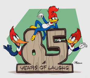 4_fingers anniversary anthro blue_body blue_eyes clothing evolution fingers gesture gloves green_eyes group hair hand_gesture handwear male ok_sign red_hair self text trio wood joaoppereiraus walter_lantz_productions the_woody_woodpecker_show universal_studios woody_woodpecker avian bird picid woodpecker english_text hi_res