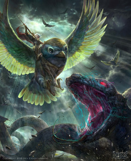 ambiguous_gender armor beak cloud fangs feathered_wings feathers feet feral flying group hair holding_melee_weapon holding_object holding_polearm holding_spear holding_weapon looking_up low-angle_view male melee_weapon outside polearm riding spear talons teeth text toes weapon white_hair wings ivan_tao hex:_shards_of_fate avian bird human mammal reptile scalie snake 2016 absurd_res digital_media_(artwork) english_text hi_res official_art