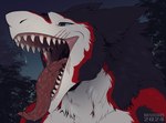 anthro blue_eyes bodily_fluids cheek_tuft drooling facial_tuft forked_tongue fur grey_body grey_fur grey_sclera looking_at_viewer male mouth_shot neck_tuft open_mouth red_body red_fur red_tongue saliva saliva_on_chin saliva_string sharp_teeth solo teeth tongue tuft uvula white_body white_fur rayliicious sergal 2024 artist_name bust_portrait dated portrait