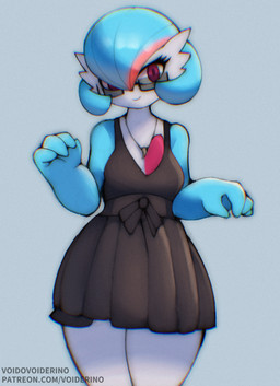 4_fingers black_clothing black_dress blue_background blue_body blue_skin bow_dress breasts cheek_tuft chest_spike closed_smile clothed clothed_female clothed_humanoid clothing clothing_bow dress eyelashes eyewear facial_tuft female female_humanoid fingers glasses jewelry legs_together looking_at_viewer mouth_closed multicolored_body multicolored_skin necklace not_furry pink_eyes rectangular_glasses simple_background smile solo spikes spikes_(anatomy) text tuft wearing_glasses white_body white_skin voider_(artist) nintendo pokemon gardevoir generation_3_pokemon humanoid mammal pokemon_(species) shiny_pokemon 2025 absurd_res artist_name chromatic_aberration digital_media_(artwork) hi_res url