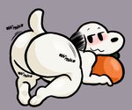 all_fours anthro ass_up big_butt blush blush_lines butt food fruit kneeling looking_back narrowed_eyes plant pumpkin raised_tail solo tail thick_thighs wiggle lewdewott peanuts_(comic) snoopy canid canine canis domestic_dog mammal digital_drawing_(artwork) digital_media_(artwork) hi_res