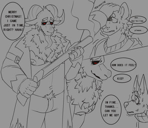 bodily_fluids caressing caressing_head clothing gun male neck_tuft ranged_weapon scared shaking shotgun smile tears tears_of_fear text tongue tongue_out trembling tuft weapon young young_male demonrat bear bovid canid canine canis caprine goat mammal wolf absurd_res comic english_text hi_res multiple_scenes