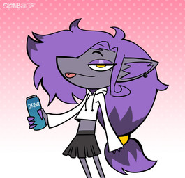 anthro beverage beverage_can blep bottomwear clothed clothing cropped_hoodie crossdressing dotted_background ear_piercing ear_ring femboy fluffy fluffy_hair fur gradient_background grey_body grey_fur hair holding_beverage holding_object long_hair long_sleeves looking_at_viewer male pattern_background piercing pink_background pleated_skirt purple_hair purple_inner_ear ring_piercing simple_background skirt solo tongue tongue_out white_background yellow_eyes somesacredbird nintendo pokemon zoroark_(somesacredbird) generation_5_pokemon pokemon_(species) zoroark 2023 digital_drawing_(artwork) digital_media_(artwork) hi_res