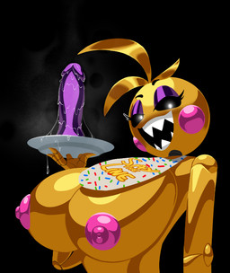 anthro bib big_breasts black_background breasts dildo eyeliner female glistening glistening_body joints latex low-angle_view lubed_sex_toy machine makeup meal nipples nude pink_cheeks pink_nipples plate purple_dildo reflective_body round_head sex_toy sharp_teeth simple_background simple_face smile smug smug_face solo steam teeth wet wet_dildo yellow_body sillyseacreatur five_nights_at_freddy's five_nights_at_freddy's_2 scottgames toy_chica_(fnaf) animatronic avian bird chicken galliform phasianid robot