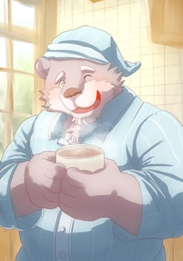 anthro bathrobe building clothing container cup hot_drink house inside_house iris_heart looking_at_viewer male morning one_eye_closed pajamas robe smile solo wink winking_at_viewer wo lifewonders tokyo_afterschool_summoners jambavan_(tas) bear mammal