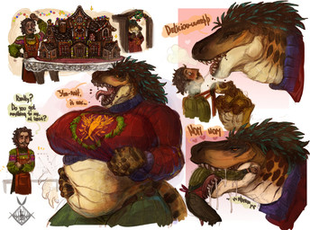 anthro belly big_belly blush bodily_fluids breasts clothed clothing dialogue drooling duo female gingerbread_house hair heart_symbol holidays lidded_eyes male navel open_mouth oral_vore saliva simple_background size_difference smile speech_bubble sweat tail teeth text tongue vore lamanstin it-rex cleopatra_(casimyrcsko) human mammal comic digital_media_(artwork) english_text hi_res signature