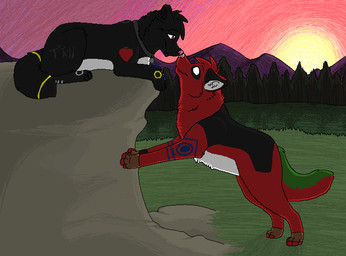 ambiguous_gender black_body black_fur blue_markings clothing collar detailed_background digitigrade duo eye_contact feral fingerless_gloves fur gloves grass green_body green_fur handwear head_tuft looking_at_another lying markings mountain nose_to_nose on_rock outside paws pink_nose pink_sky plant red_body red_fur rock sky smile snout standing sun sunset tail tree tuft white_body white_fur yellow_body yellow_fur yellow_markings sebdoggo canid canine canis mammal wolf 2012 aliasing cel_shading digital_drawing_(artwork) digital_media_(artwork) microsoft_paint_(artwork) shaded