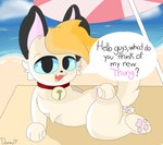 anthro beach beach_umbrella bell bell_collar blonde_hair blue_eyes clothing collar dialogue fangs fur hair hand_on_butt looking_at_viewer lying male on_side open_mouth outside parasol pawpads sea seaside solo speech_bubble summer teeth text thong underwear water demmy skapbonito domestic_cat felid feline felis mammal english_text hi_res