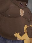 anthro belly big_belly bodily_fluids clothing duo kemono male moobs navel nipples overweight overweight_male simple_background sweat tongue tongue_out underwear young trail_arnak bear canid canine mammal 2024 hi_res