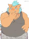 anthro belly blush bottomwear clothing humanoid_hands male overweight overweight_anthro overweight_male shirt shorts simple_background solo tank_top text topwear white_background buta5kawa hamuga86 lifewonders tokyo_afterschool_summoners ganglie_(tas) mammal suid suine sus_(pig) wild_boar 2019 absurd_res hi_res japanese_text translation_request