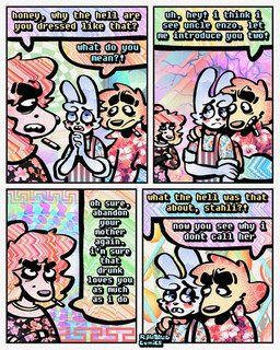 4_panel_comic aloha_shirt anthro blonde_highlights bow_tie cheek_spots cheek_tuft cigarette cigarette_in_mouth clothing dialogue dress facial_tuft female floppy_ears fur group hair half-closed_eyes highlights_(coloring) male markings mole_(marking) narrowed_eyes object_in_mouth orange_hair overalls pattern_clothing pattern_shirt pattern_topwear shirt smoking_tobacco speech_bubble tan_body tan_fur teeth text tooth_gap topwear trio tuft white_body white_fur wide_eyed yellow_body yellow_fur rawdawgcomics bingus_(rawdawgcomics) rosemary_(rawdawgcomics) stahli_(rawdawgcomics) bird_dog canid canine canis domestic_dog golden_retriever hunting_dog lagomorph leporid mammal rabbit retriever 4:5 comic english_text hi_res