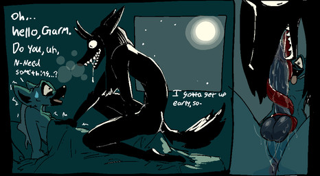anthro anus balls bed bed_sheet bedding bedroom black_body bodily_fluids dialogue duo fangs fellatio furniture genitals greeting hair horn long_hair long_tongue male male/male moon nervous nervous_sweat oral penile penis perineum saliva saliva_on_balls saliva_on_penis saliva_string sex sloppy_blowjob steamy_breath sweat tail teeth text tongue tongue_on_balls tongue_on_penis tongue_out wide_eyed window hieronymusjohnson mythology canid canid_demon canine demon hellhound lemur mammal mythological_canine mythological_creature primate strepsirrhine aliasing digital_media_(artwork) english_text