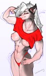 abs anthro breasts clothed clothing crop_top ear_piercing ear_ring exposed_breasts female flexing flexing_bicep fur hair hair_to_side hand_on_hip muscular muscular_female nipples piercing red_clothing red_sclera ring_piercing shirt solo topwear white_body white_fur sackrany helluva_boss mythology loona_(helluva_boss) canid canid_demon canine demon hellhound mammal mythological_canine mythological_creature digital_media_(artwork) hi_res