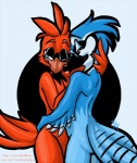 anthro beak black_beak blue_body blue_eyes blue_feathers duo feather_hands feathers female female/female hand_on_hip hug looking_aside looking_at_viewer mismatched_sexual_dimorphism red_body red_eyes red_feathers simple_background tail tail_feathers mitti avian bird blue_jay cardinal_(bird) corvid jay_(bird) new_world_jay northern_cardinal oscine passerine digital_media_(artwork)