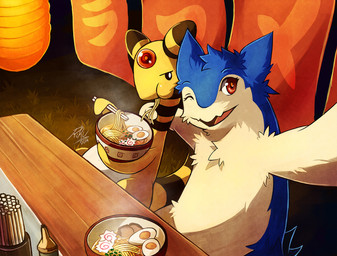 ambiguous_gender bowl camera chopsticks container duo food furniture noodles one_eye_closed selfie table wink yellow_body yellow_skin rikuaoshi nintendo pokemon riku_(rikuaoshi) ampharos generation_2_pokemon pokemon_(species) typhlosion