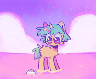 1_horn ambiguous_feral ambiguous_fluids ambiguous_gender big_eyes cloud eyeball feral fur fur_tuft hair horn monotone_body monotone_fur monotone_tail partially_submerged quadruped solo standing tail tan_body tan_fur teal_hair teal_tail toony tuft young young_feral sheep-kinta fluffy_pony fluffy_pony_(species) mammal