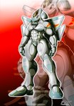 abs aircraft airplane ambiguous_gender anthro blue_stripe claws grey_body jet machine military_vehicle muscular muscular_legs red_eyes simple_background smile solo standing text thick_thighs vehicle wings peakon aircraft_humanoid j-10 living_aircraft living_machine living_vehicle absurd_res chinese_text hi_res