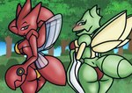 anthro bikini blade_arm blush breasts claws clothed clothing crossed_arms duo female forest green_body green_skin insect_wings looking_at_viewer looking_back outside plant presenting red_body red_skin side_boob standing swimwear thorax tree two-piece_swimsuit wings brokenrekordbro nintendo pokemon pokemon_snap_xxx arthropod generation_1_pokemon generation_2_pokemon pokemon_(species) scizor scyther absurd_res hi_res