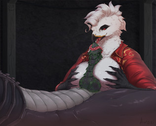 anthro bodily_fluids breast_play breasts dark_body dark_scales duo female fur genitals head_tuft knot knotted_penis male male/female neck_tuft oral penis red_sclera scales sex titfuck tongue tongue_out tuft white_body white_fur awoxi nubs alien_(franchise) dark_(xenodragon21) valentine_ruckhide alien avian xenomorph absurd_res hi_res