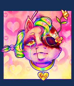 ambiguous_form ambiguous_gender blood bodily_fluids bone collar crying disembodied_head empty_eye_sockets eyelashes flower front_view fur gold_(metal) gold_collar gore green_hair hair heart_symbol impalement metal_collar mouth_closed nosebleed pain pink_body pink_fur plant skull tears tied_hair yellow_eyes le_saturna fluffy_pony fluffy_pony_(species) mammal 2020 alpha_channel digital_media_(artwork) english_description hi_res