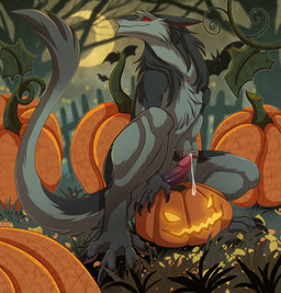 erection genitals jack-o'-lantern looking_at_viewer male nude outside penis sergal_penis sitting smile solo tail tapering_glans re-re zetsin sergal hi_res