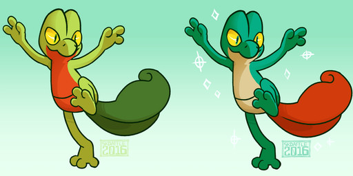 3_fingers 3_toes anthro comparison feet fingers gradient_background green_body green_eyes raised_arm raised_leg red_tail simple_background solo sparkles tail toes yellow_sclera skdaffle nintendo pokemon generation_3_pokemon pokemon_(species) shiny_pokemon treecko 2016 digital_drawing_(artwork) digital_media_(artwork)