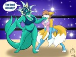 anthro big_breasts breasts clothing dazed duo female holding_chin huge_breasts legwear mask multi_tail pokemorph spiral_eyes sports_mask sportswear stockings tail thick_thighs wide_hips wrestling wrestling_mask nekotigerfire nintendo pokemon canid canine eeveelution fox generation_1_pokemon mammal pokemon_(species) vaporeon 2023 dated hi_res