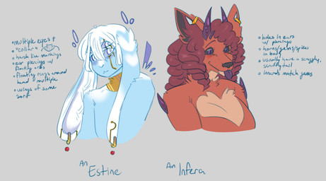 anthro blep blush collar duo ear_piercing ear_ring female flesh_tunnel floppy_ears fluffy fluffy_hair gauged_ear hair horn male male/female multi_eye piercing ring_piercing short_hair spikes spikes_(anatomy) text tongue tongue_out sourmagic angel canid canine demon estine fox hybrid infera lagomorph leporid mammal rabbit english_text