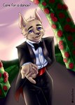 anthro arch black_tie_(suit) blue_eyes bow_tie clothed clothing dialogue flower fur male offering_hand outside plant rose_(flower) solo suit sunset tan_body tan_fur text lanathesheep mythology jack_(jackwolf) canid canine canis dragon hybrid mammal mythological_creature mythological_scalie scalie wolf absurd_res english_text hi_res