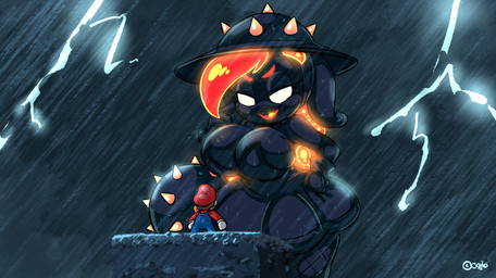 anthro big_breasts black_body breasts bulging_breasts cleavage clothed clothing detailed_background dress duo electricity eye_contact eyelashes female fishnet_clothing fishnet_legwear hand_on_hip hat headgear headwear larger_female legwear lightning looking_at_another mace macro male melee_weapon no_pupils open_mouth overalls raining red_clothing red_hat red_headwear size_difference smaller_human smaller_male spiked_hat spikes standing thick_thighs water weapon wet white_eyes joaoppereiraus bowser's_fury mario_bros nintendo super_mario_odyssey broodal hariet_(mario) mario human lagomorph leporid mammal rabbit hi_res