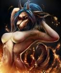 anthro arched_back blue_hair breasts eyelashes featureless_breasts female fire hair horn navel nude solo standing yellow_eyes safiru layla_(mrdirt) antelope bovid gazelle mammal 2018 digital_media_(artwork)