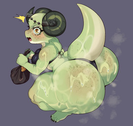 5_toes amber_eyes anthro big_butt bikini black_bikini black_bottomwear black_clothing black_swimwear black_topwear blush bodily_fluids bottomwear breasts butt clothed clothed_anthro clothed_female clothing coin coin_purse crouching curled_horn excessive_sweat eyelashes feet female female_anthro gold_(metal) green_body green_tail grey_background holding_bag horn huge_butt huge_thighs looking_at_viewer musk open_mouth rear_view simple_background skimpy solo surprised sweat sweaty_butt sweaty_tail swimwear tail thick_thighs three-quarter_view toes topwear two-piece_swimsuit white_sclera skullminiac ashy_(koboldthiefashy) kobold scalie 2025 digital_drawing_(artwork) digital_media_(artwork) full-length_portrait hi_res portrait