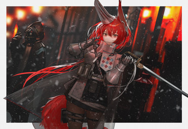 armor belt cape clothing duo female gauntlets gloves hair handwear headgear helmet holding_melee_weapon holding_object holding_sword holding_weapon jacket looking_at_viewer male melee_weapon red_hair red_tail smile snow sword tail topwear weapon ganet_p arknights hypergryph studio_montagne doctor_(arknights) flametail_(arknights) animal_humanoid humanoid mammal mammal_humanoid rodent rodent_humanoid sciurid sciurid_humanoid tree_squirrel_humanoid 2023 absurd_res digital_media_(artwork) hi_res huge_filesize