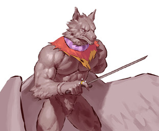 5_fingers anthro back_wings biped black_body black_feathers black_fur bracelet claws clothing digit_ring empty_eyes eye_scar facial_scar feathered_wings feathers finger_claws finger_ring fingers front_view fur furrowed_eyebrows holding_melee_weapon holding_object holding_sword holding_weapon jewelry looking_aside male melee_weapon mostly_nude mostly_nude_anthro mostly_nude_male mouth_closed muscular muscular_anthro muscular_male pose purple_clothing purple_topwear red_clothing red_topwear scar simple_background snout solo spread_wings sword teeth topwear torn_clothing torn_topwear weapon white_background white_eyes wings yellow_clothing yellow_topwear kingarthur_i homestuck ms_paint_adventures jack_noir canid mammal 2023 digital_drawing_(artwork) digital_media_(artwork) hi_res portrait three-quarter_portrait