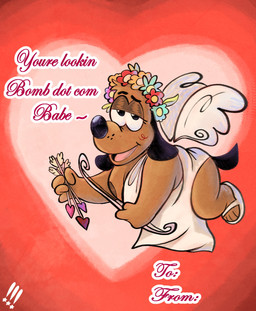 anthro belly blush brown_body brown_fur clothing cupid's_arrow footwear fur holidays humor male moobs nipples overweight sandals shoes solo text toga valentine's_day_card puppy_guard valentine's_day russell_(puppy_guard) canid canine canis domestic_dog mammal english_text hi_res official_art